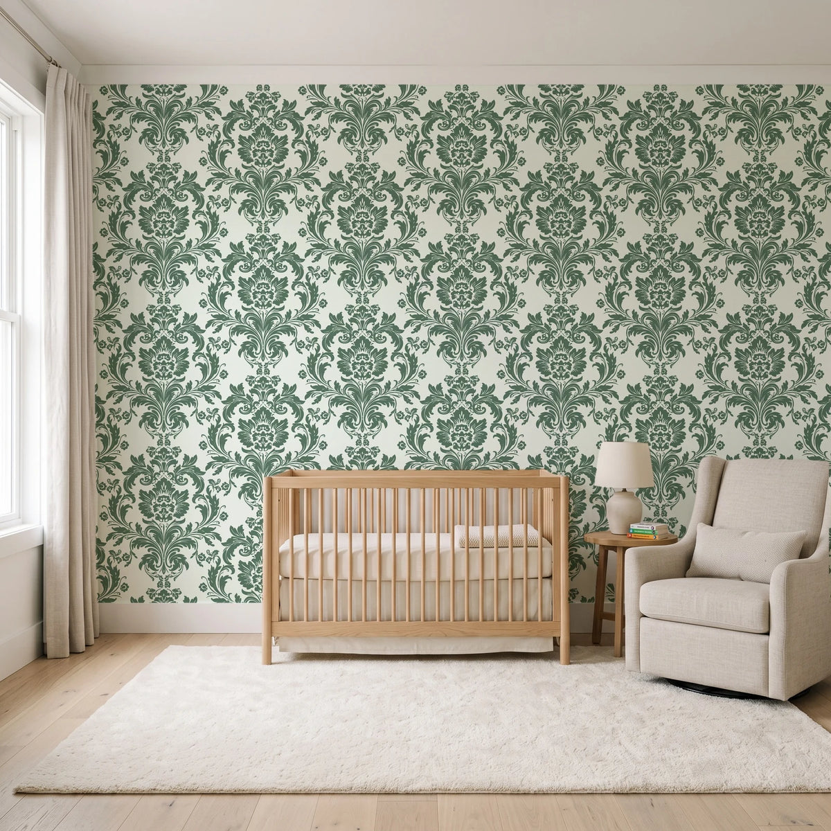 Dreamy Fern Dial Sage fern damask wallpaper in a calm, light-filled nursery