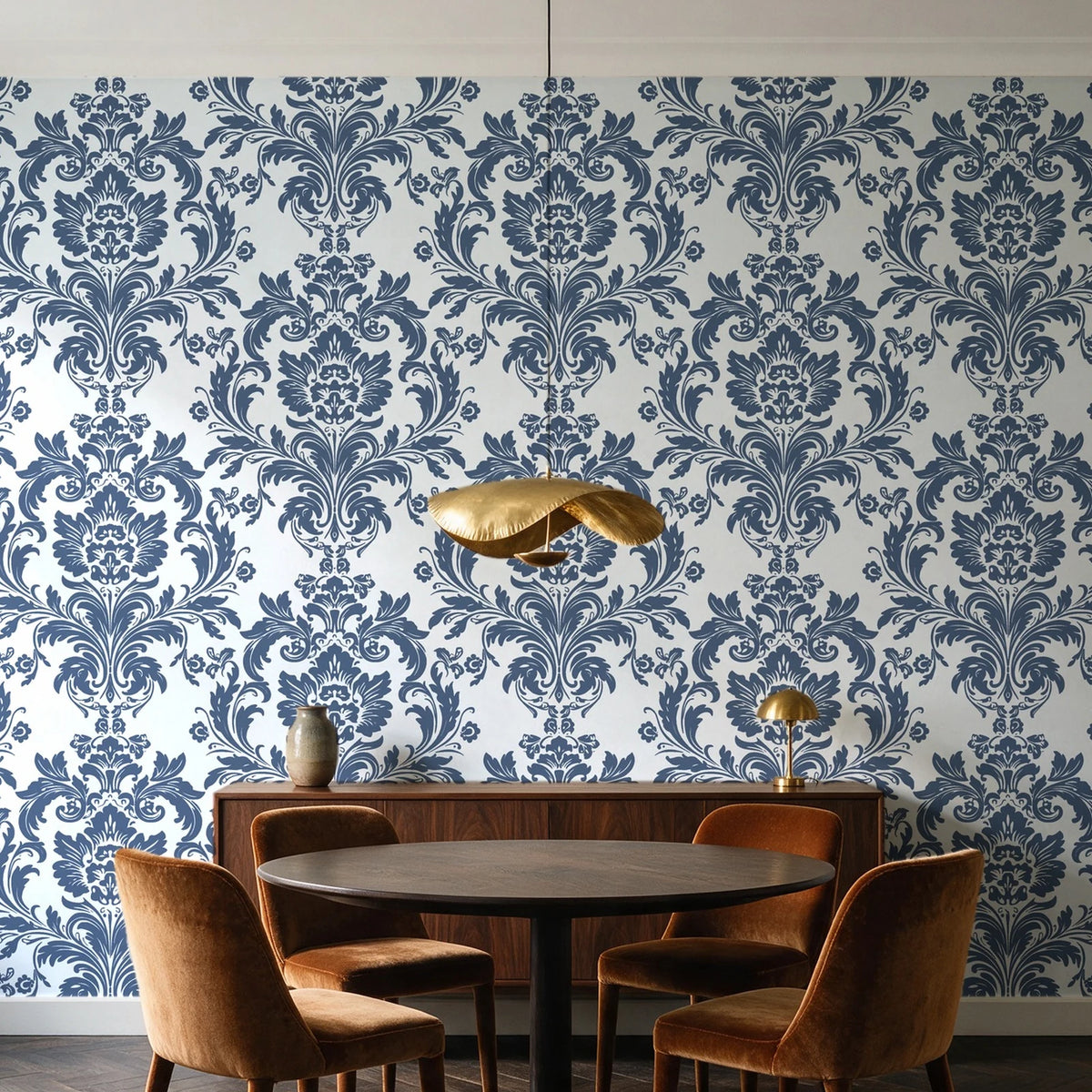 Dreamy Fern Dial Slate fern damask wallpaper behind a walnut credenza and round table in an elegant dining room
