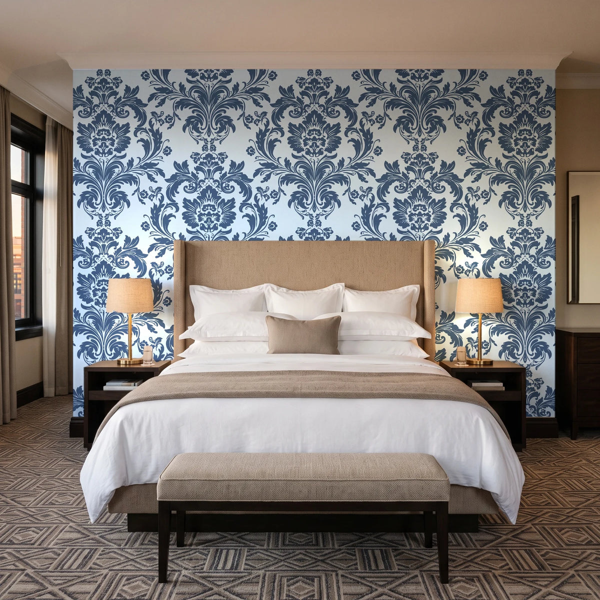 Dreamy Fern Dial Slate fern damask wallpaper behind the headboard of a king bed in a contemporary hotel guest room