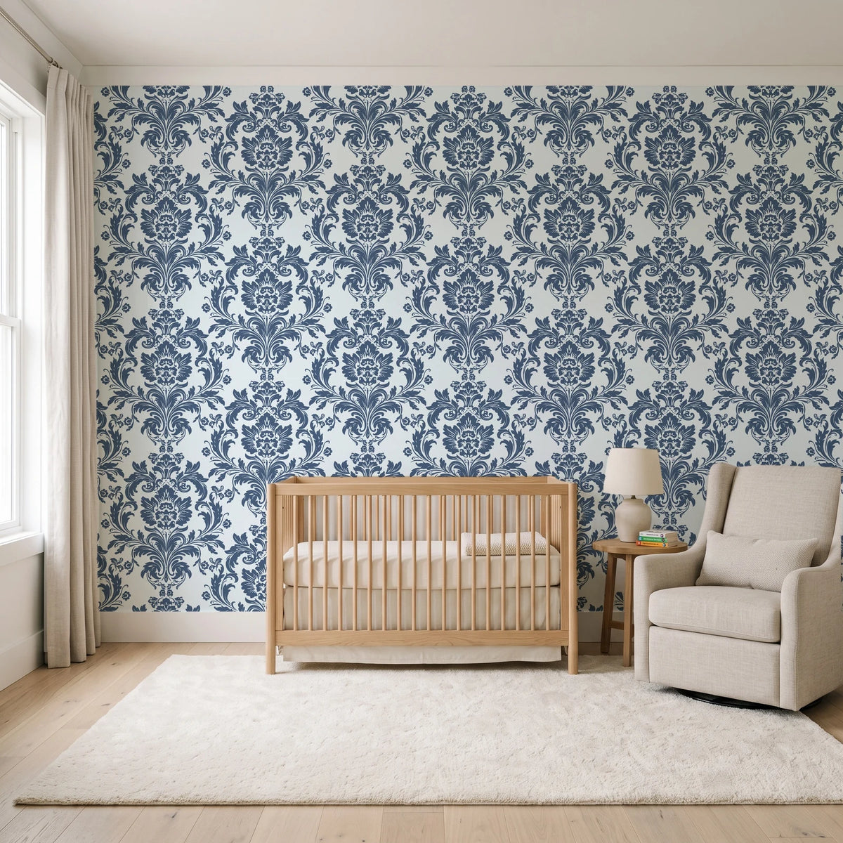 Dreamy Fern Dial Slate fern damask wallpaper in a calm, light-filled nursery