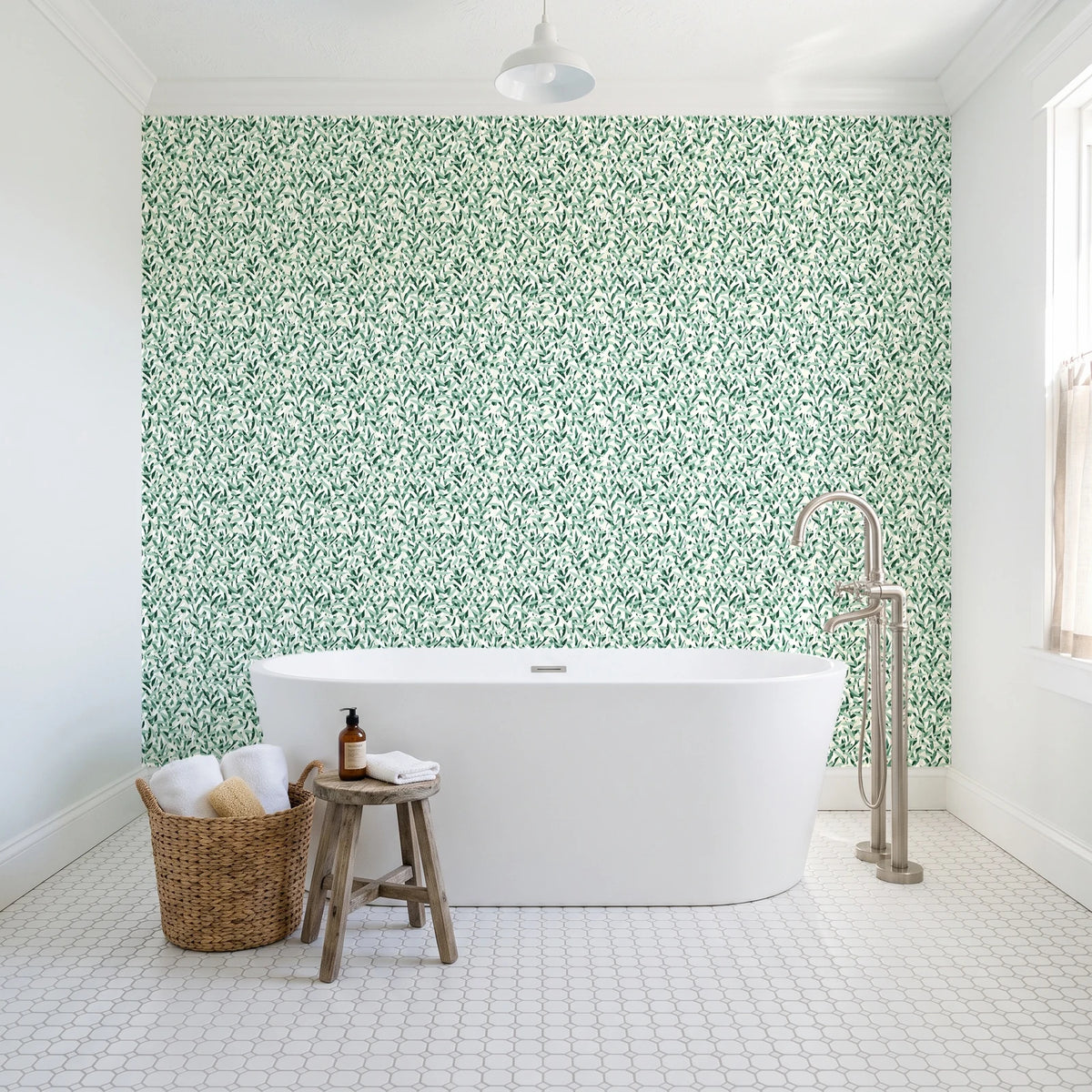 Drifting Petals Emerald abstract petal wallpaper behind a freestanding tub in a bright coastal bathroom