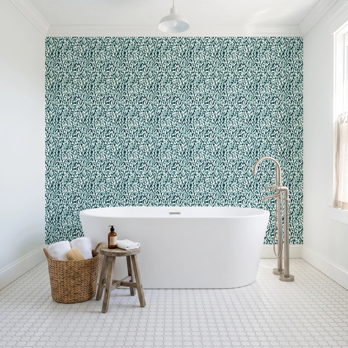 Drifting Petals Lagoon abstract petal wallpaper behind a freestanding tub in a bright coastal bathroom