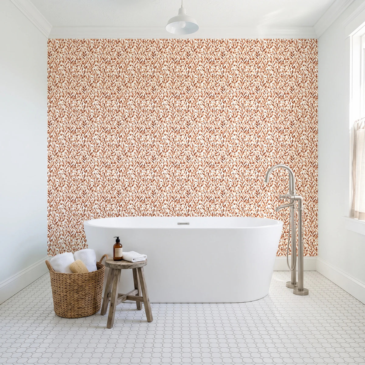 Drifting Petals Terracotta abstract petal wallpaper behind a freestanding tub in a bright coastal bathroom