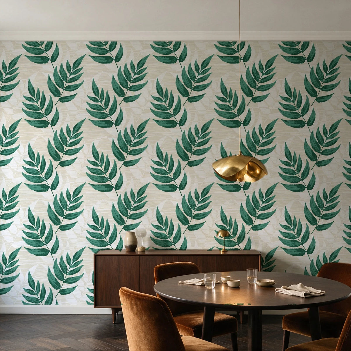 Driftwood Fern Emerald fern frond wallpaper in an elegant dining room