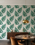 Driftwood Fern Emerald fern frond wallpaper in an elegant dining room