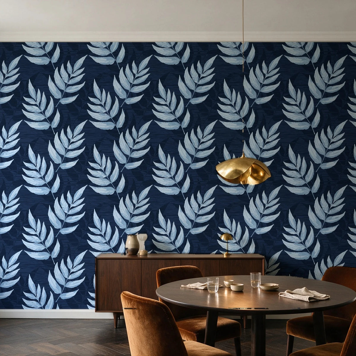 Driftwood Fern Midnight fern frond wallpaper in an elegant dining room