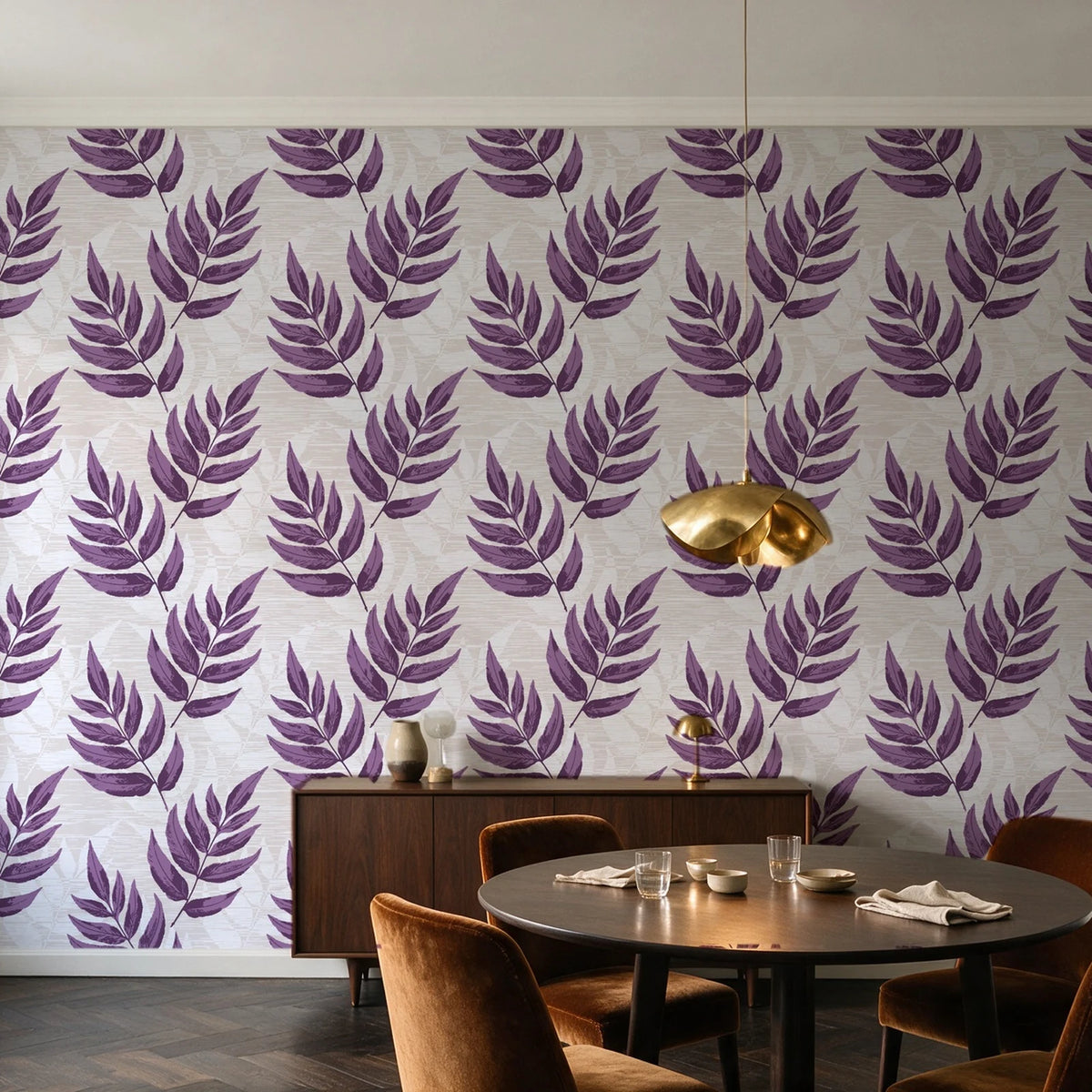 Driftwood Fern Plum fern frond wallpaper in an elegant dining room
