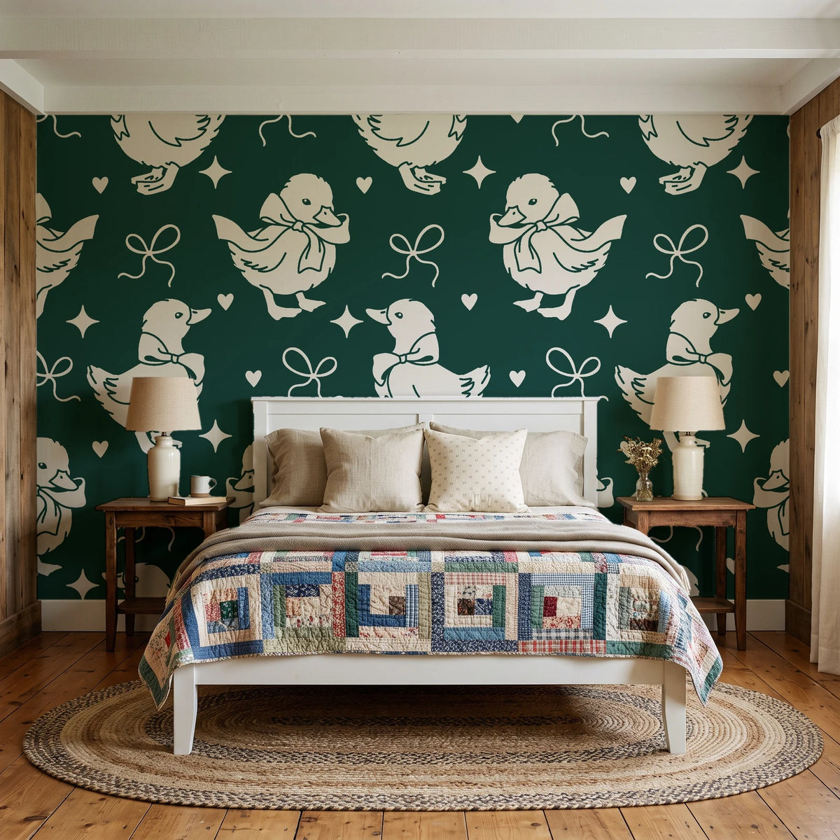 Duckling Waltz Forest ducklings wallpaper behind a white cottage bed with a patchwork quilt in a cozy cottagecore bedroom