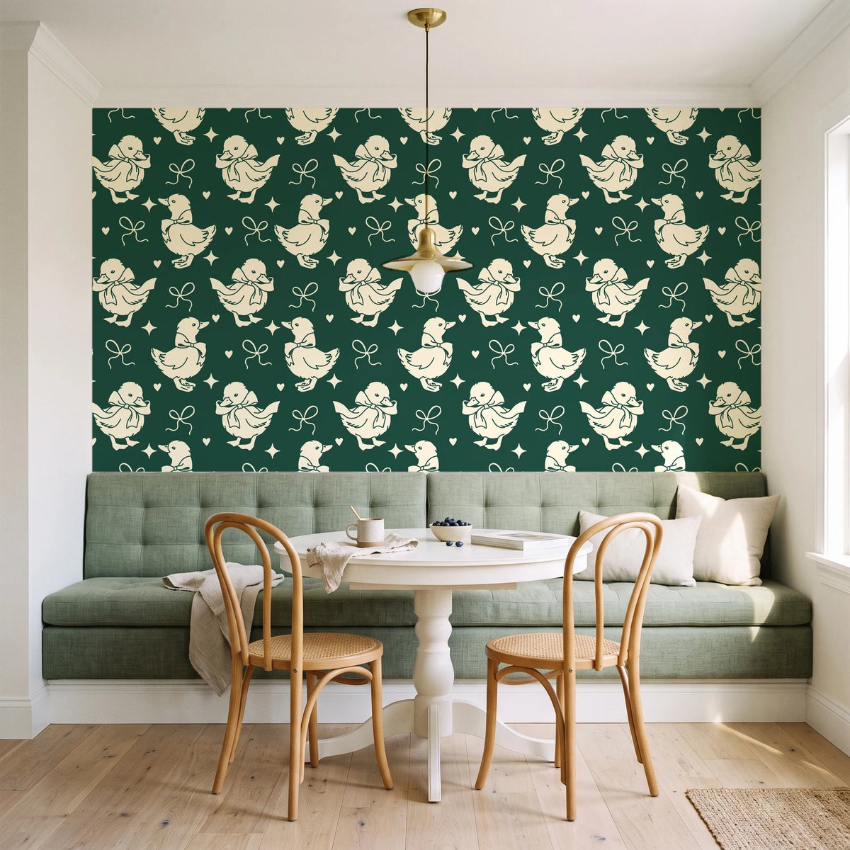 Duckling Waltz Forest ducklings wallpaper as a feature wall in a sunlit breakfast nook