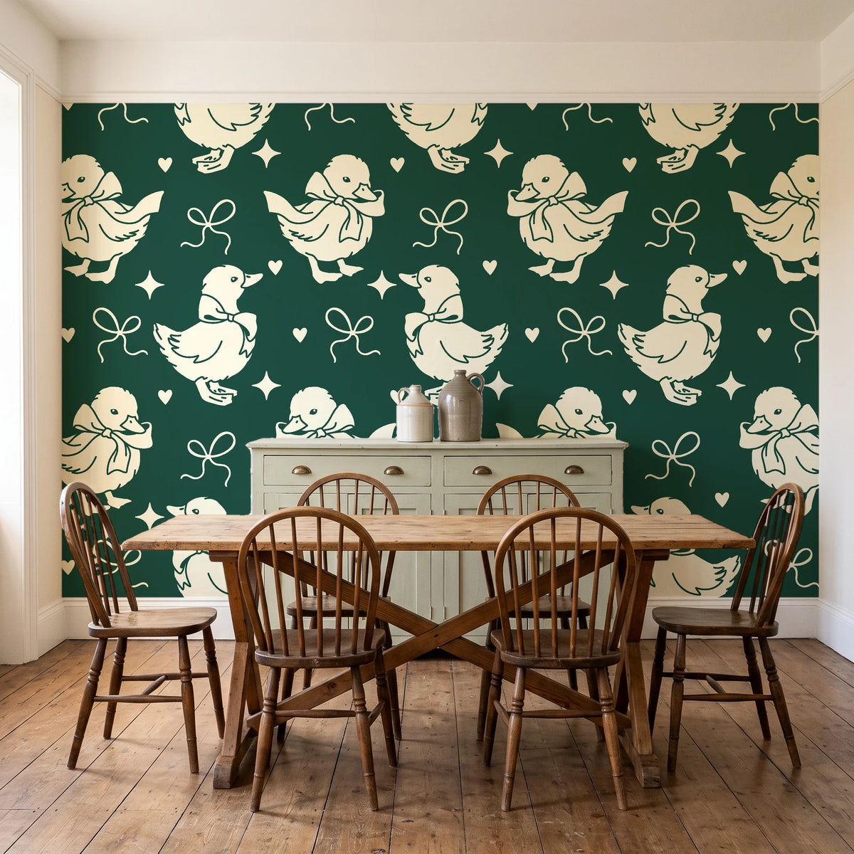 Duckling Waltz Forest ducklings wallpaper in a farmhouse dining room with a sage sideboard and rustic trestle table