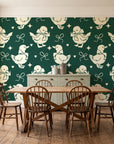 Duckling Waltz Forest ducklings wallpaper in a farmhouse dining room with a sage sideboard and rustic trestle table