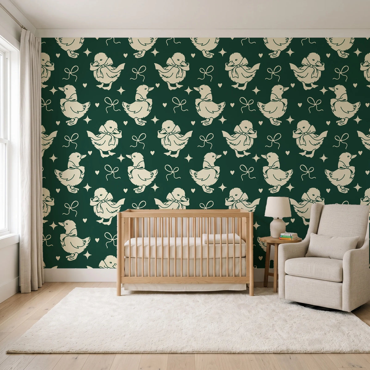 Duckling Waltz Forest ducklings wallpaper in a calm, light-filled nursery