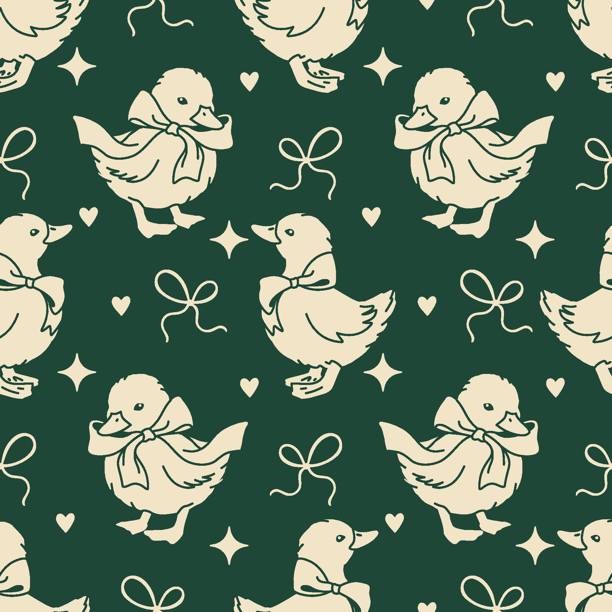 Duckling Waltz Forest ducklings wallpaper in forest green and cream