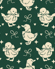 Duckling Waltz Forest ducklings wallpaper in forest green and cream