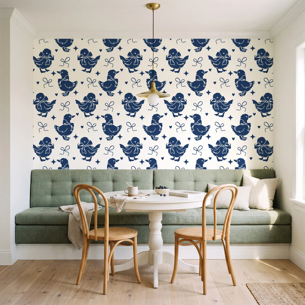 Duckling Waltz Navy ducklings wallpaper as a feature wall in a sunlit breakfast nook