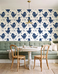Duckling Waltz Navy ducklings wallpaper as a feature wall in a sunlit breakfast nook