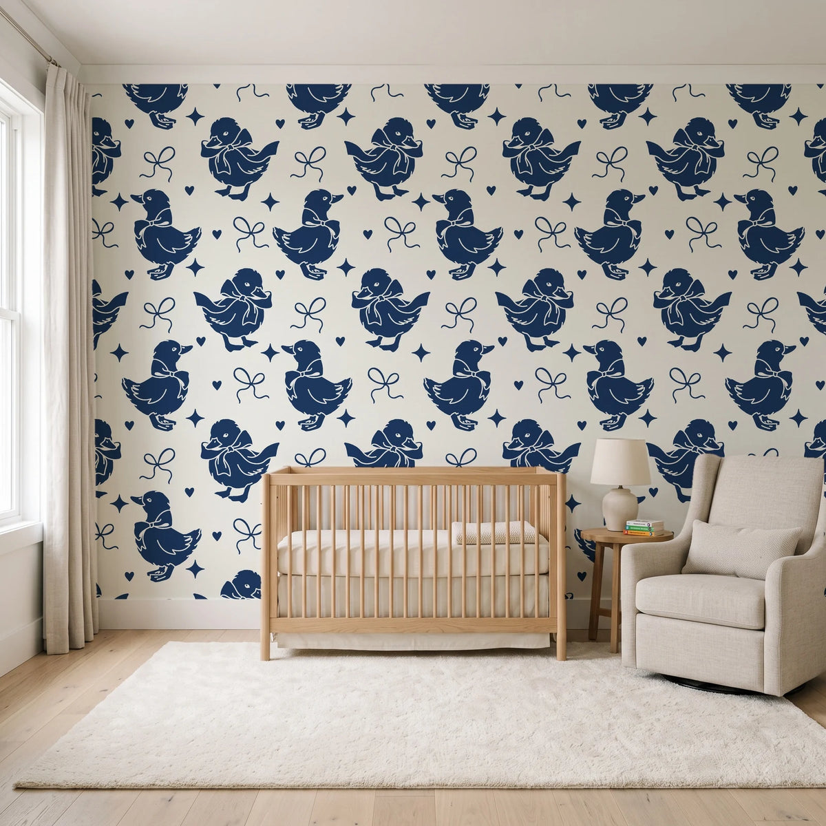 Duckling Waltz Navy ducklings wallpaper in a calm, light-filled nursery