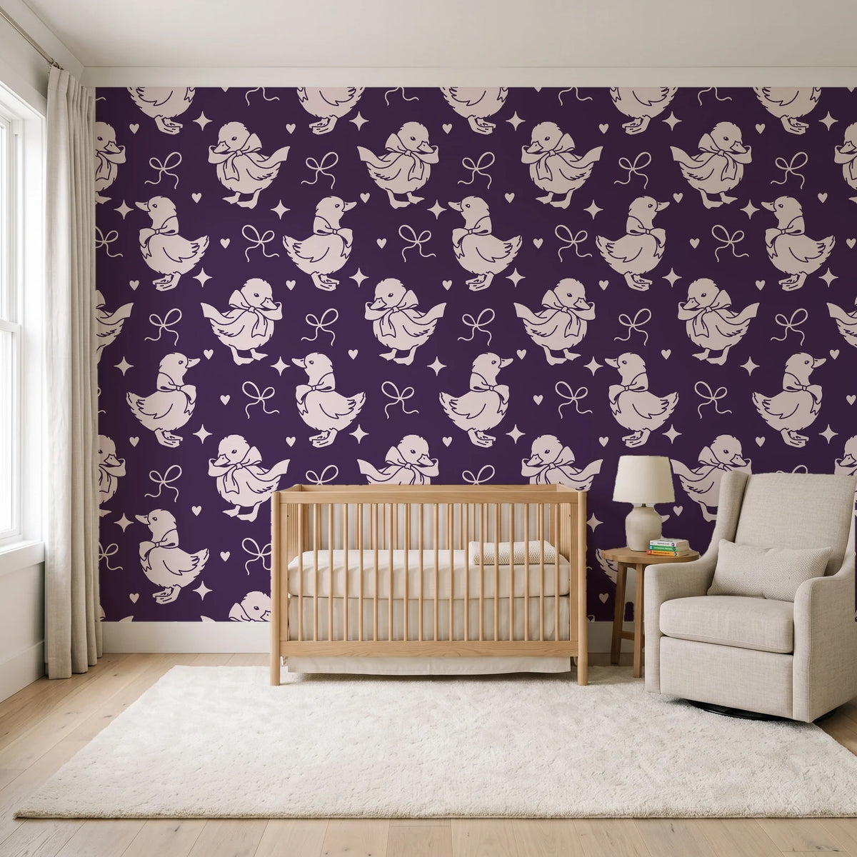 Duckling Waltz Plum ducklings wallpaper in a calm, light-filled nursery