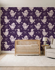 Duckling Waltz Plum ducklings wallpaper in a calm, light-filled nursery