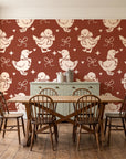 Duckling Waltz Rust ducklings wallpaper in a farmhouse dining room with a sage sideboard and rustic trestle table