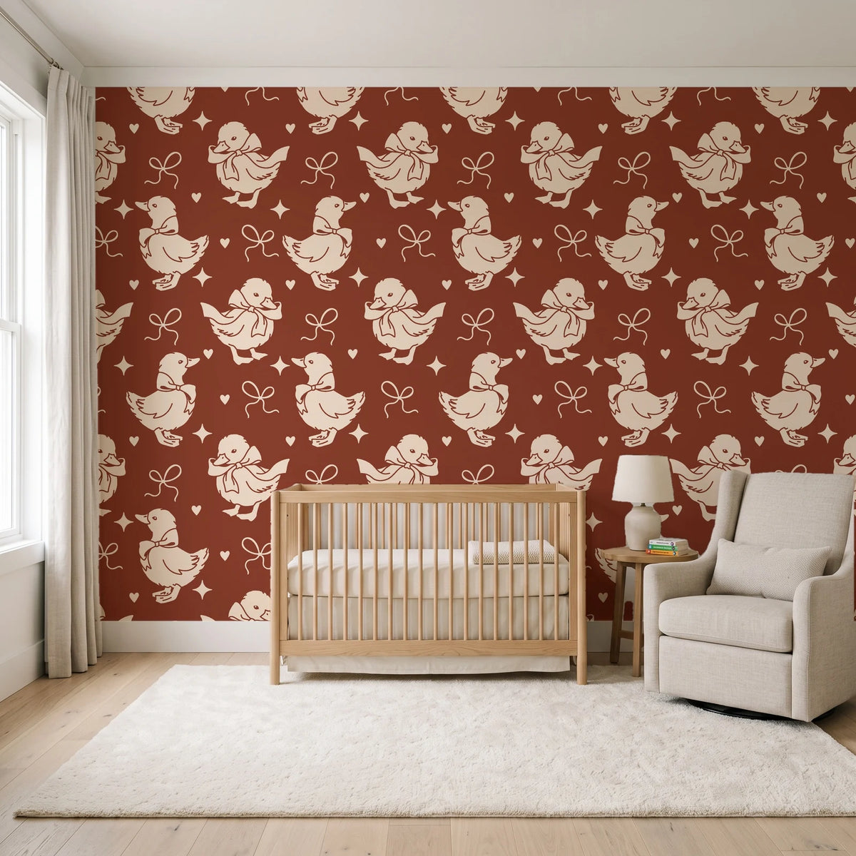 Duckling Waltz Rust ducklings wallpaper in a calm, light-filled nursery