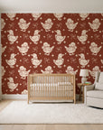Duckling Waltz Rust ducklings wallpaper in a calm, light-filled nursery