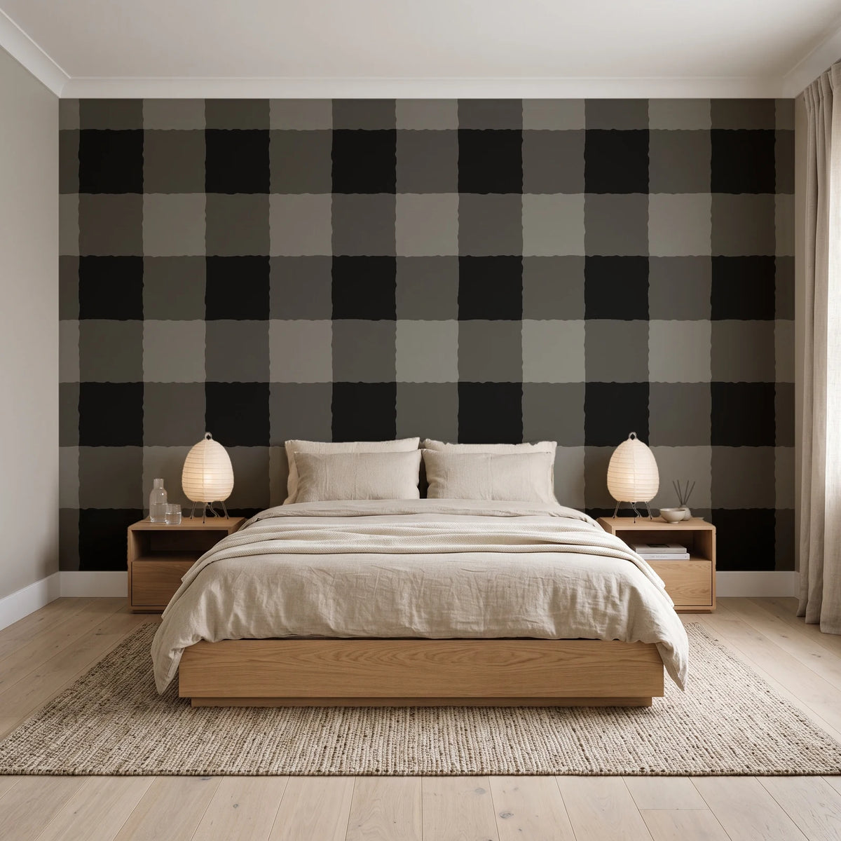Dune Plaid Charcoal gingham check wallpaper behind a low platform bed in a serene Japandi bedroom