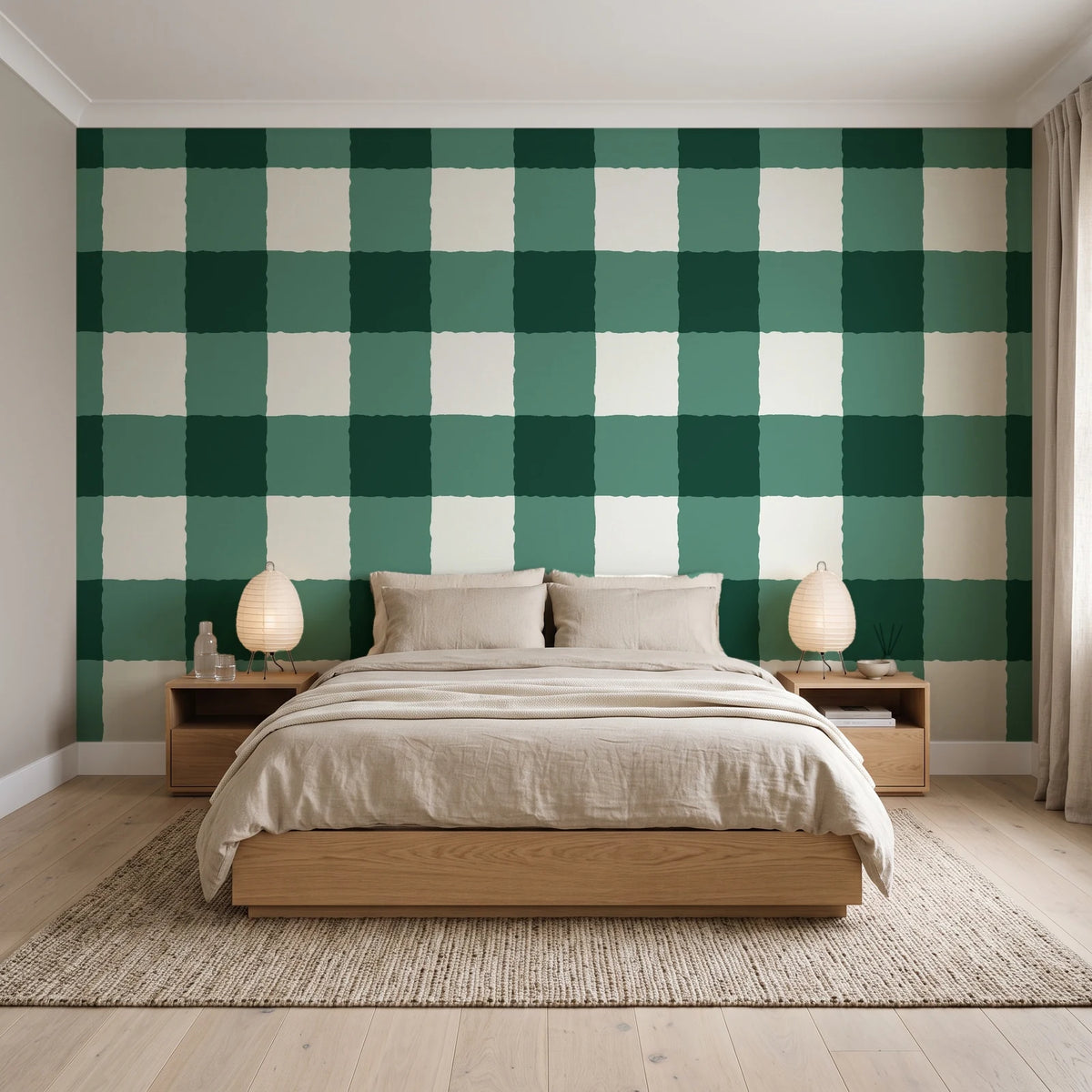 Dune Plaid Emerald gingham check wallpaper behind a low platform bed in a serene Japandi bedroom