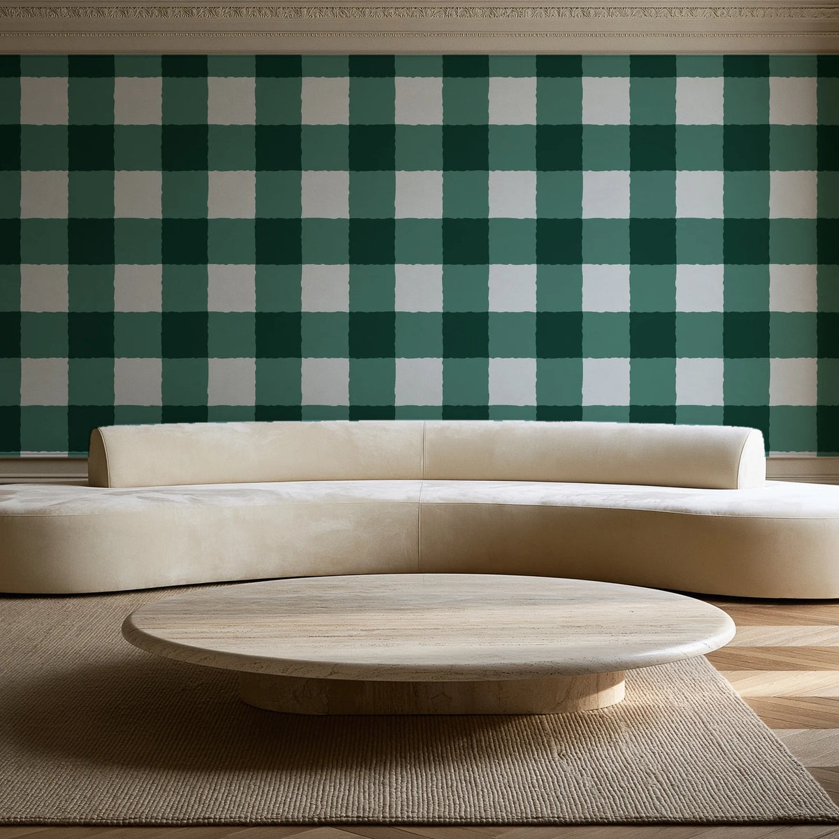 Dune Plaid Emerald gingham check wallpaper in an elegant living room