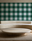 Dune Plaid Emerald gingham check wallpaper in an elegant living room