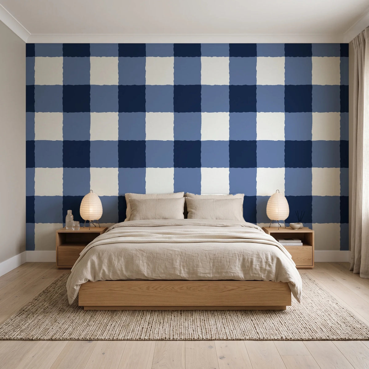 Dune Plaid Navy gingham check wallpaper behind a low platform bed in a serene Japandi bedroom