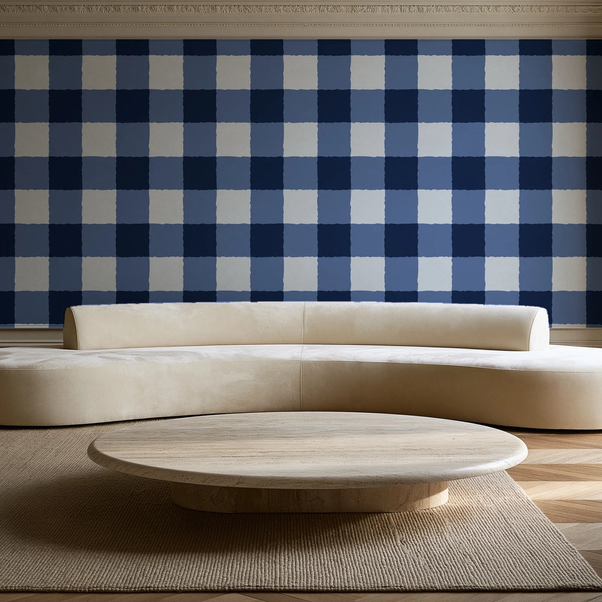 Dune Plaid Navy gingham check wallpaper in an elegant living room