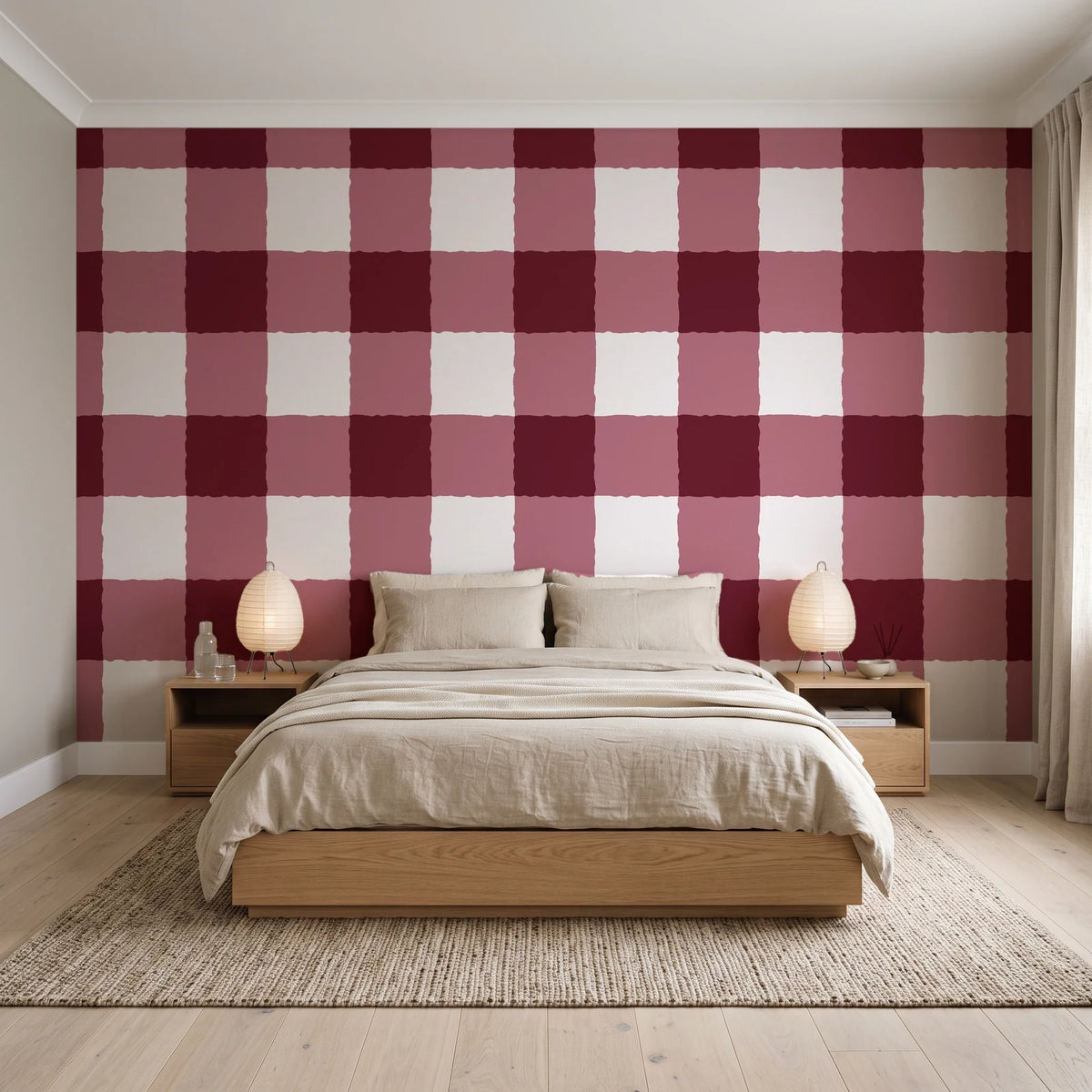 Dune Plaid Oxblood gingham check wallpaper behind a low platform bed in a serene Japandi bedroom