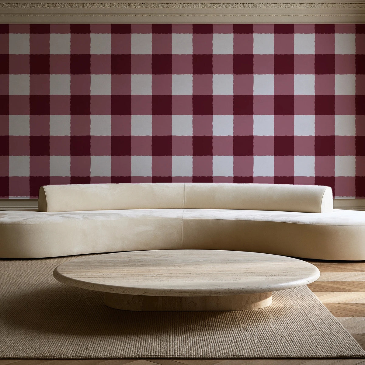 Dune Plaid Oxblood gingham check wallpaper in an elegant living room