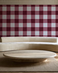 Dune Plaid Oxblood gingham check wallpaper in an elegant living room