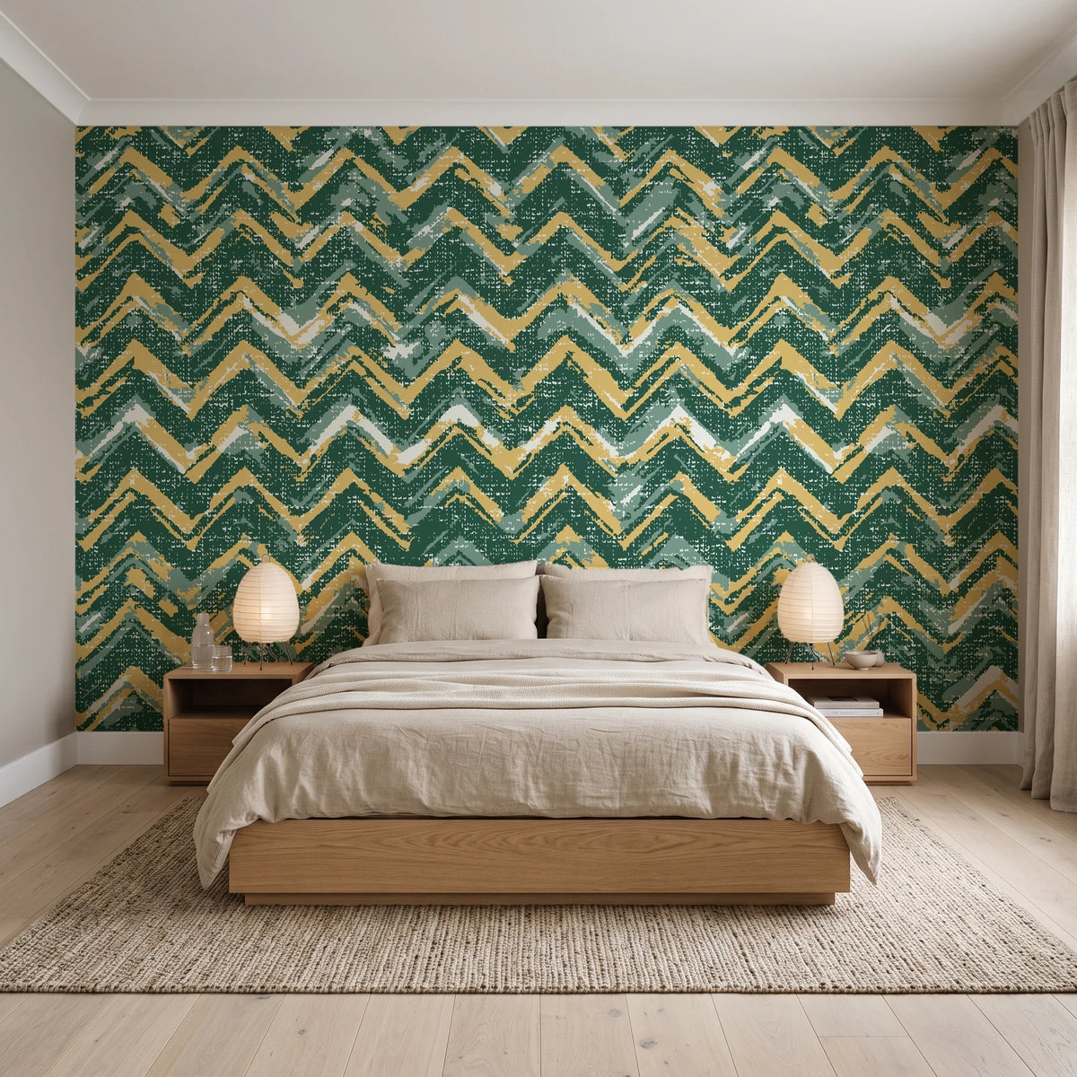 Dusk Passage Emerald chevron wallpaper behind a low platform bed in a serene Japandi bedroom