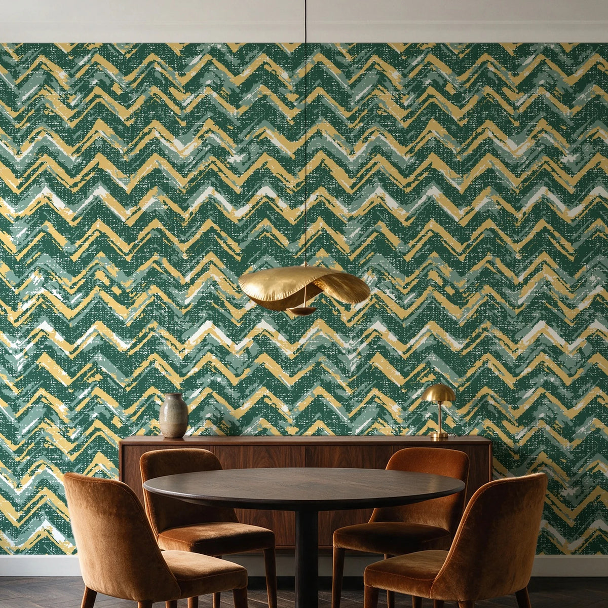 Dusk Passage Emerald chevron wallpaper behind a walnut credenza and round table in an elegant dining room