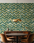 Dusk Passage Emerald chevron wallpaper behind a walnut credenza and round table in an elegant dining room