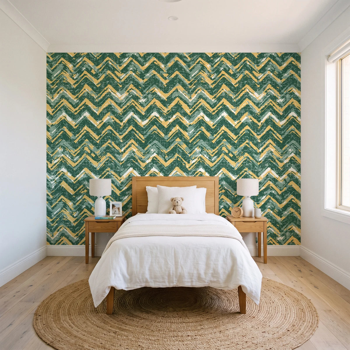 Dusk Passage Emerald chevron wallpaper in a bright, cheerful child's bedroom