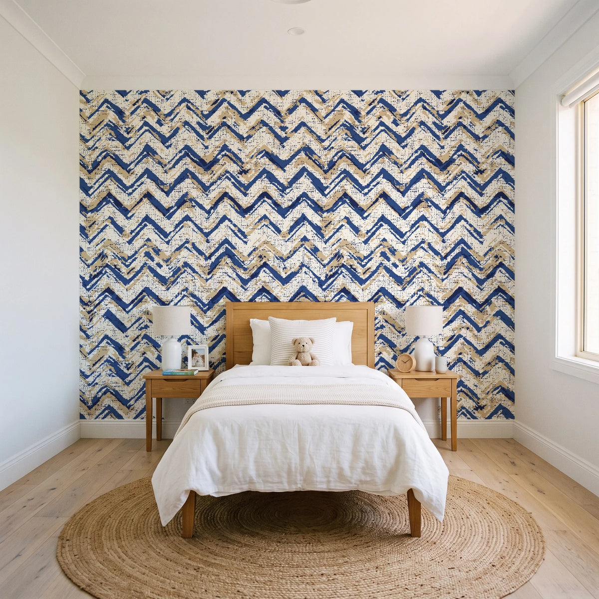 Dusk Passage Indigo chevron wallpaper in a bright, cheerful child's bedroom