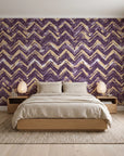 Dusk Passage Plum chevron wallpaper behind a low platform bed in a serene Japandi bedroom