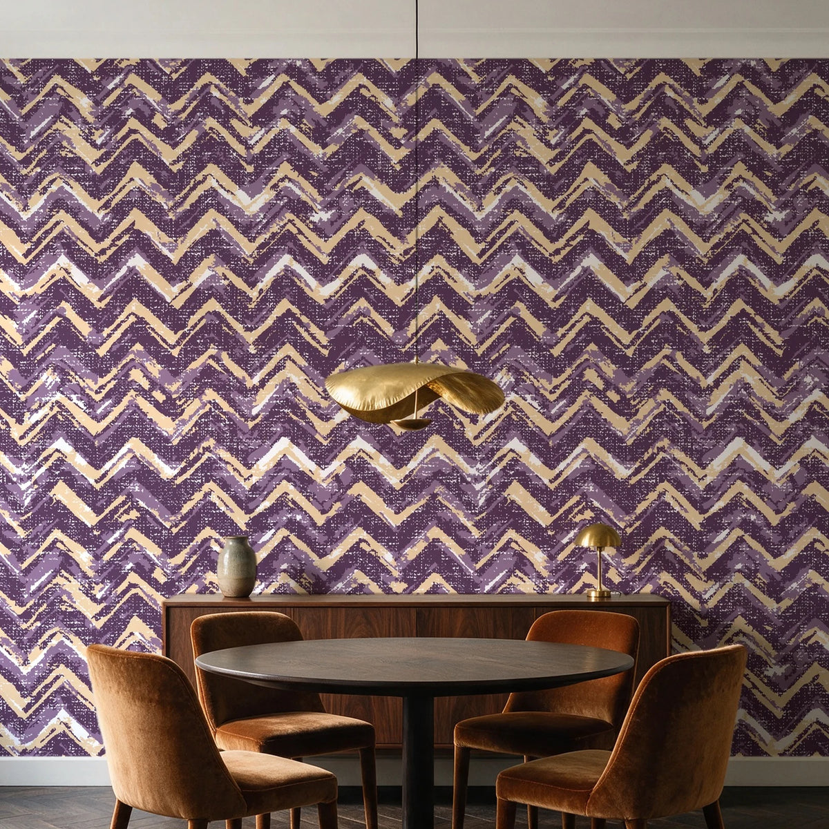 Dusk Passage Plum chevron wallpaper behind a walnut credenza and round table in an elegant dining room