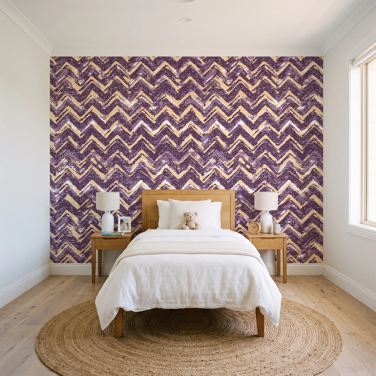 Dusk Passage Plum chevron wallpaper in a bright, cheerful child's bedroom