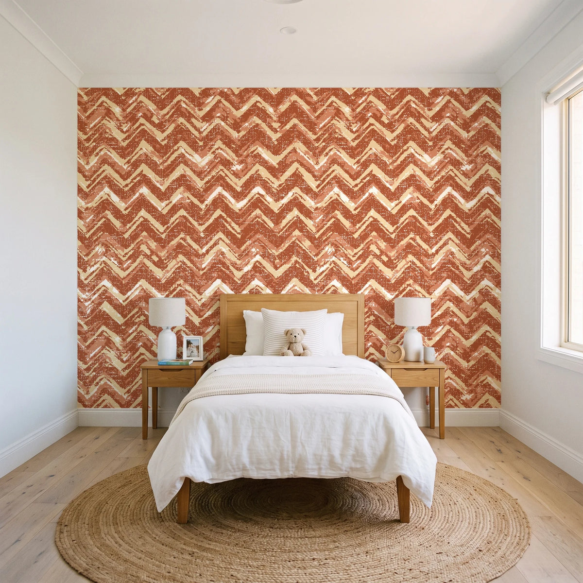 Dusk Passage Terracotta chevron wallpaper in a bright, cheerful child's bedroom