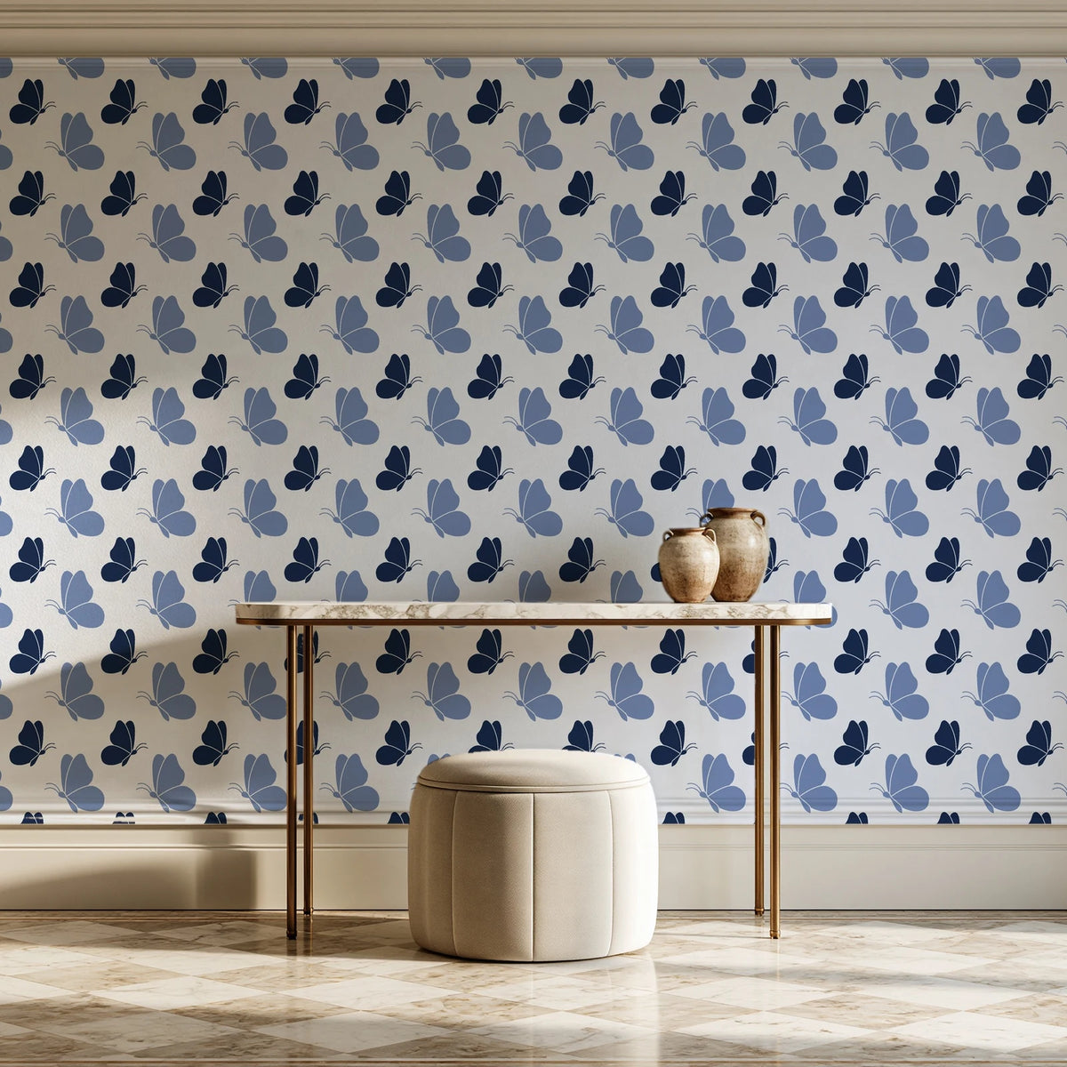 Dust & Wing Navy butterflies wallpaper on the wall of a grand entry foyer