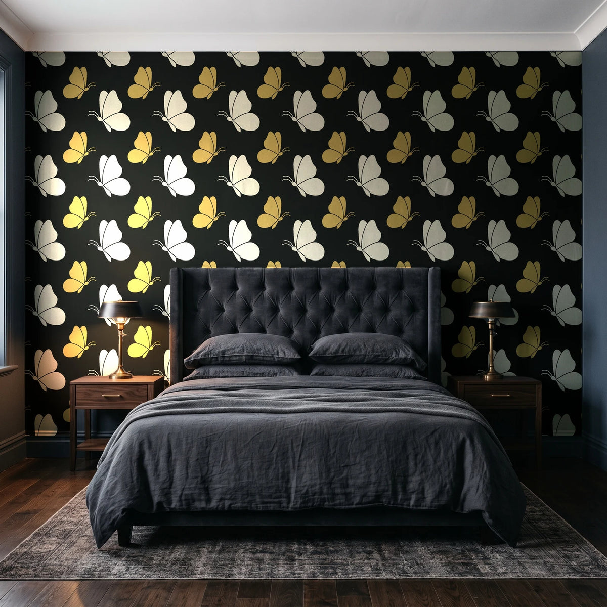 Dust & Wing Onyx butterflies wallpaper behind a tufted headboard in a dark, moody bedroom