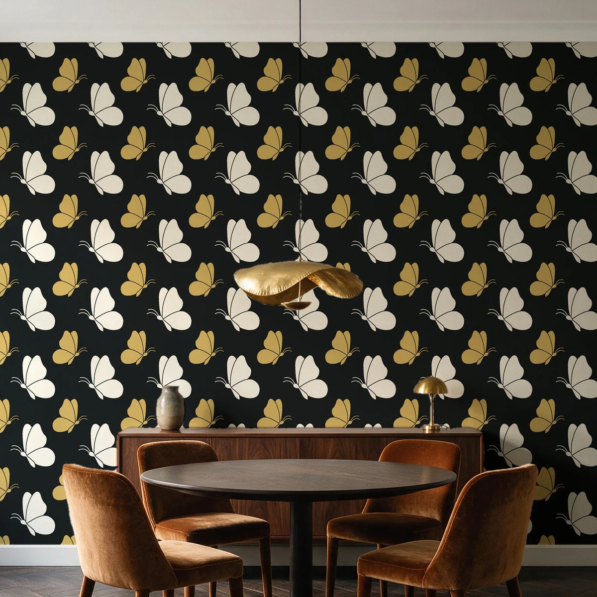 Dust & Wing Onyx butterflies wallpaper behind a walnut credenza and round table in an elegant dining room