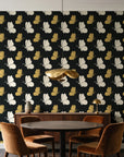 Dust & Wing Onyx butterflies wallpaper behind a walnut credenza and round table in an elegant dining room