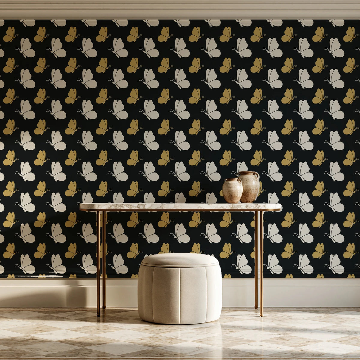Dust & Wing Onyx butterflies wallpaper on the wall of a grand entry foyer