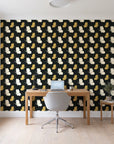 Dust & Wing Onyx butterflies wallpaper behind a modern oak desk in a bright home office